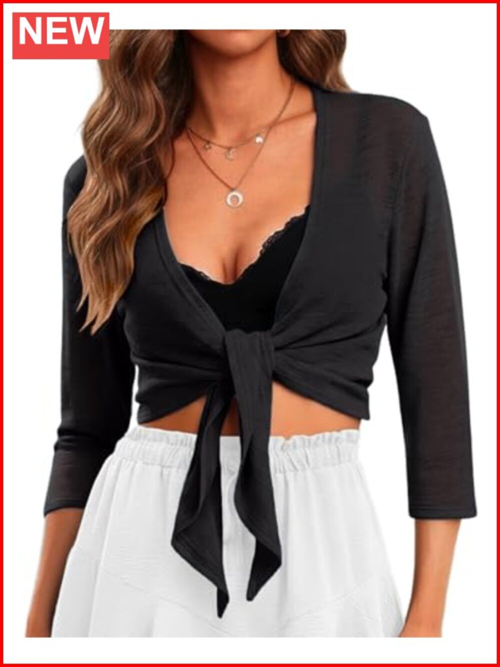 Tie Front Cropped Cardigan 3/4 Sleeve Bolero Shrug Summer Beach Cover Up